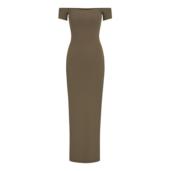 1. NWT SKIMS SOFT LOUNGE OFF THE SHOULDER DRESS IN ARMY - Picture 1 of 9